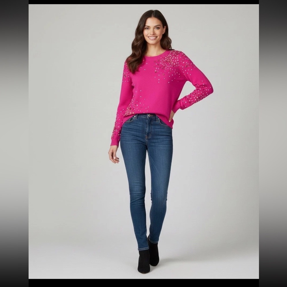 Charter Club Womens Cashmere Sequin Embellished Crewneck Sweater Fierce Pink M